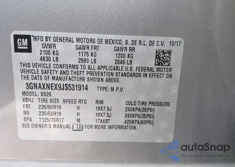 2018 Chevrolet Equinox Premier z USA, uszkodzony, nr VIN 3GNAXNEX9JS531914